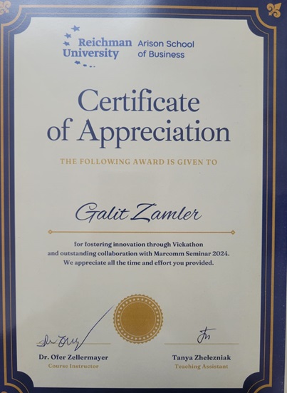 A certificate to Galit Zamler from Reichman University